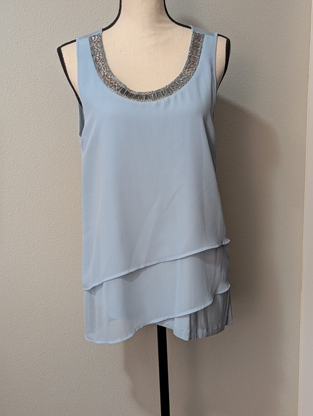 Design History Light Blue Beaded Scoop Neck Layered Chiffon Tank